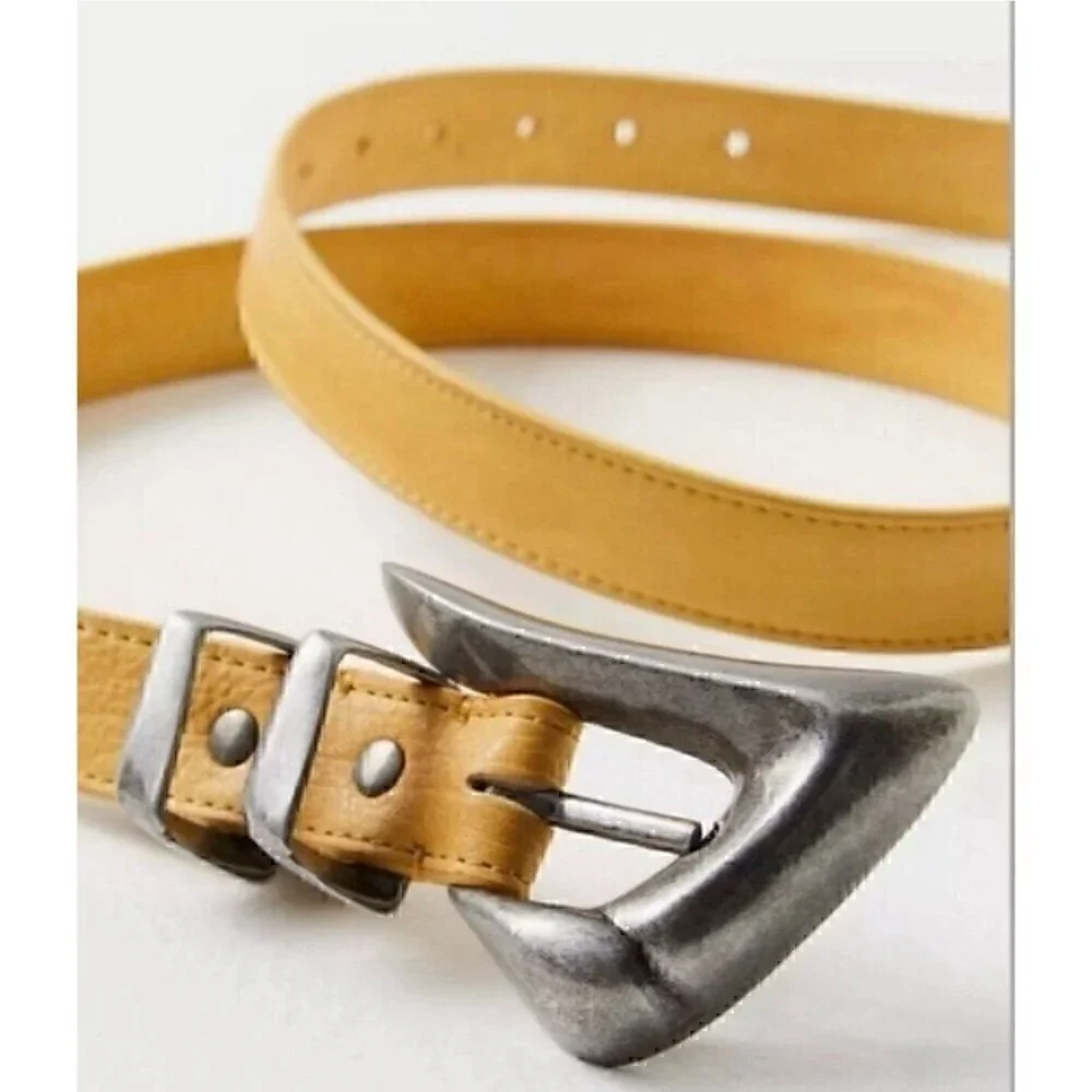 FREE PEOPLE Billie Leather Belt With Silver Buckle, Yellow, WESTERN, COUNTRY M/L